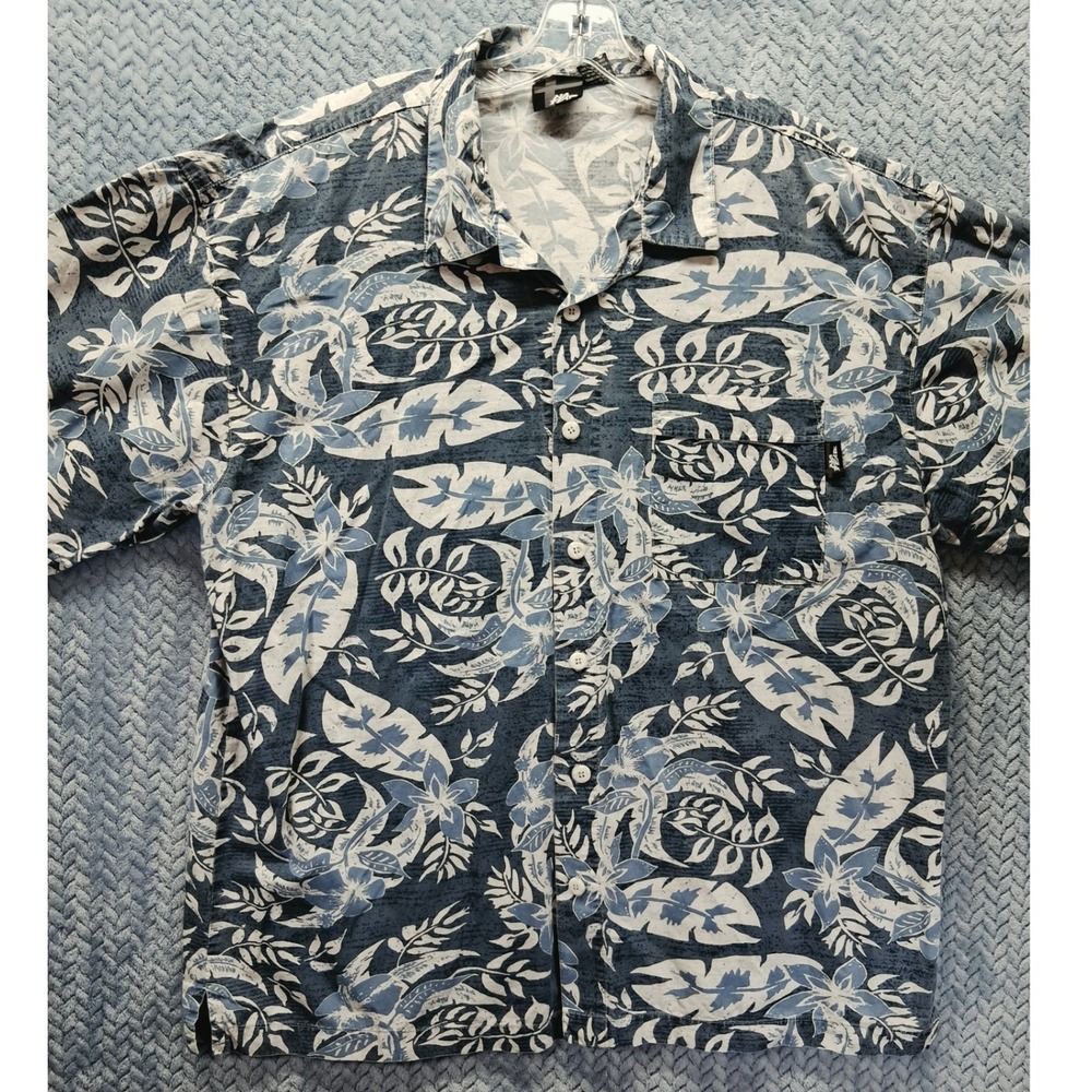 Vintage No Fear Mens XL Blue Tropical Floral Hawaiian Button Down Shirt USA Made